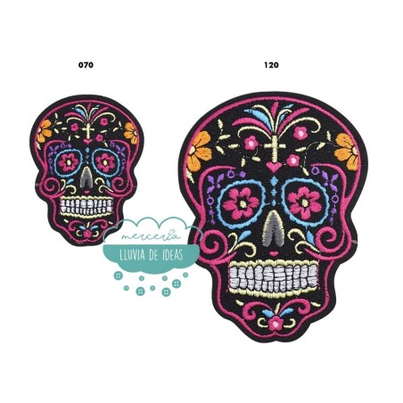 Parches calavera mexicana para ropa bordado termoadhesivo - Fondo negro