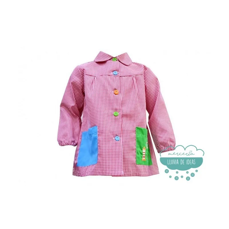 Bata escolar o mandilón bordado rojo - Modelo vichy cuadros con cuellos