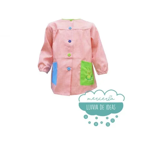 Bata escolar o mandilón bordado naranja - Modelo vichy cuadros cuello redondo