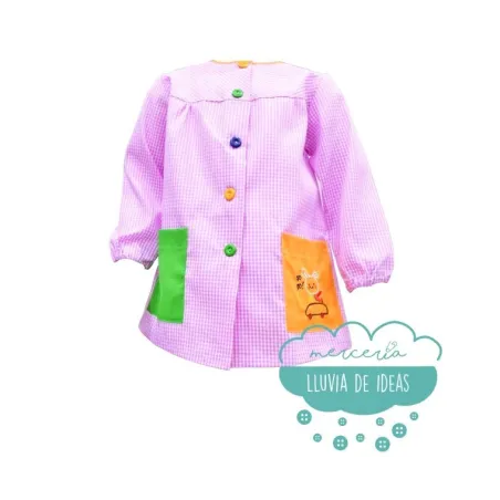 Bata escolar o mandilón bordado rosa - Modelo vichy cuadros cuello redondo