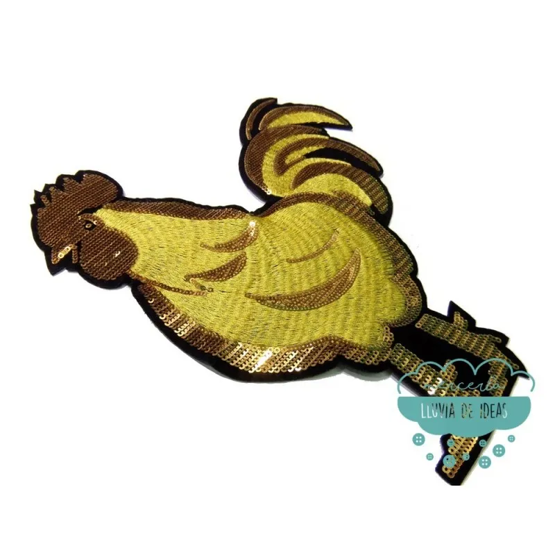 Aplicación bordada con lentejuelas - Gallo dorado Mercería Lluvia de Ideas