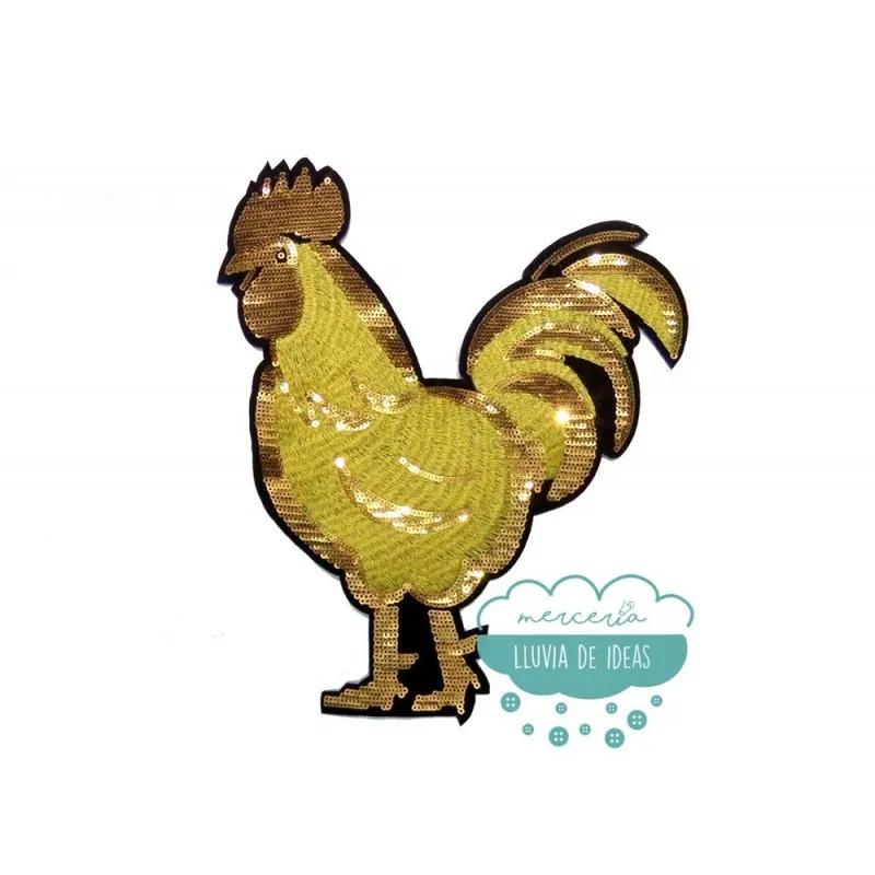Aplicación bordada con lentejuelas - Gallo dorado Mercería Lluvia de Ideas