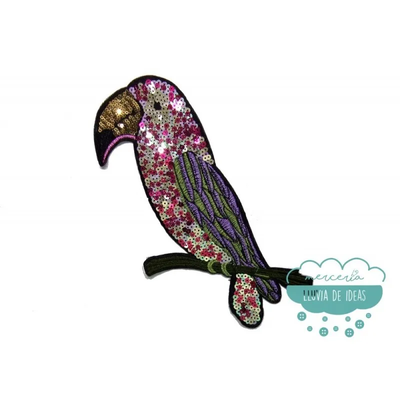 Aplicación bordada con lentejuelas - Serie Loro Perico Mercería Lluvia de Ideas