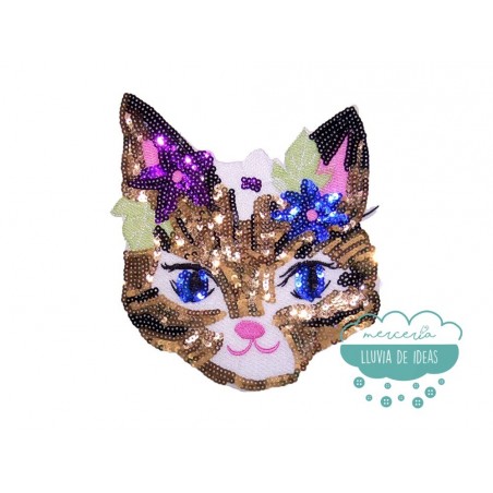 Aplicación bordada termoadhesiva con lentejuelas - Serie Cat girl