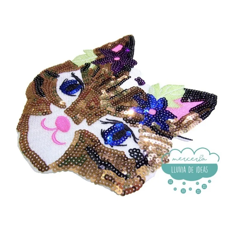 Aplicación bordada termoadhesiva con lentejuelas - Serie Cat girl