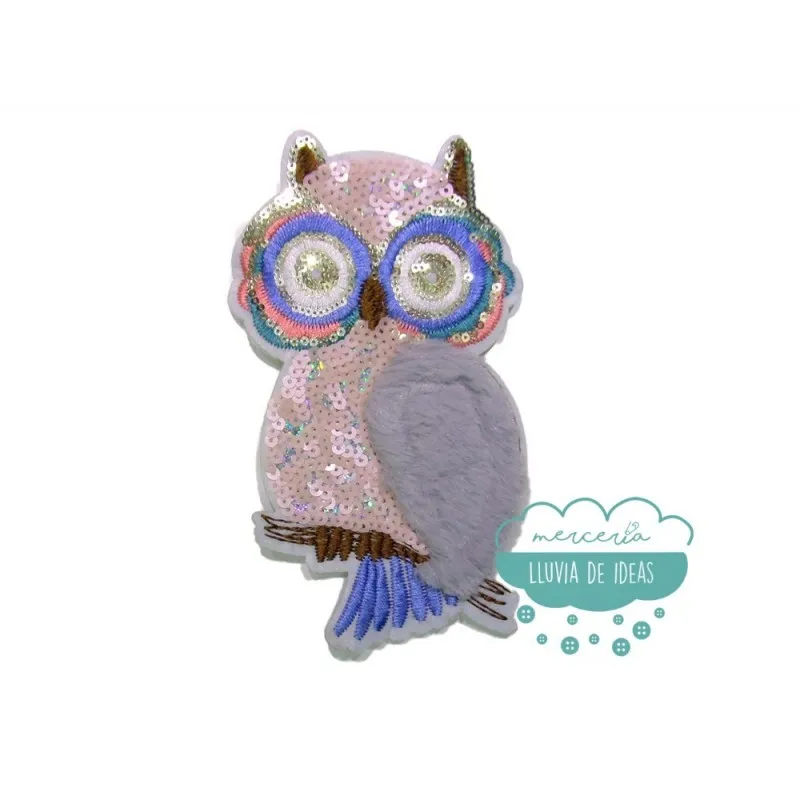 Aplicación bordada con lentejuelas y pelo - Búho pastel Mercería Lluvia de Ideas