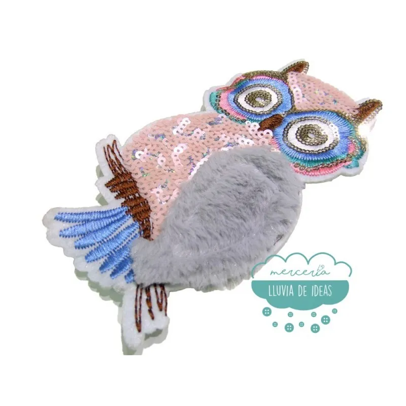 Aplicación bordada con lentejuelas y pelo - Búho pastel Mercería Lluvia de Ideas