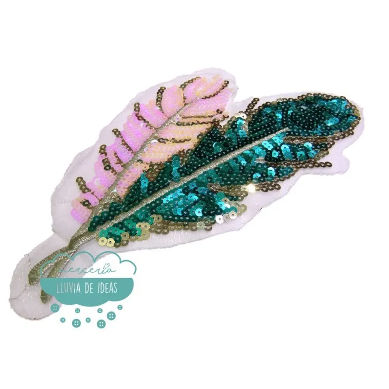 Aplicación bordada con lentejuelas - Serie Plumas  Mercería Lluvia de Ideas