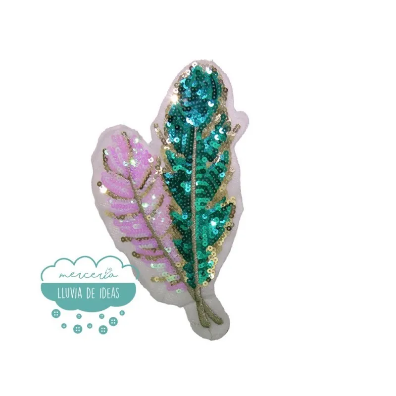 Aplicación bordada con lentejuelas - Serie Plumas  Mercería Lluvia de Ideas