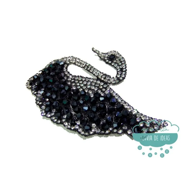 Aplicación termoadhesiva con cristal y rocalla - Cisne negro Mercería Lluvia de Ideas