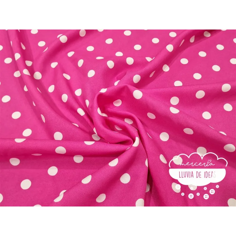 Stretch Lunares blanco fondo fucsia