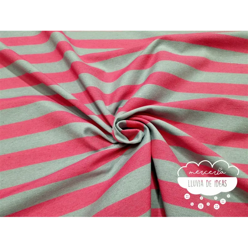 Tela de rayas bicolor fucsia y menta grisáceo