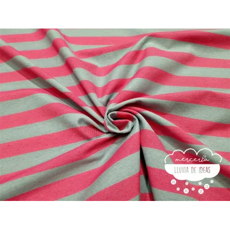 Tela de rayas bicolor fucsia y menta grisáceo