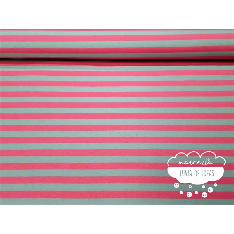 Tela de rayas bicolor fucsia y menta grisáceo