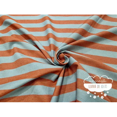 Tela de rayas bicolor naranja y menta grisáceo