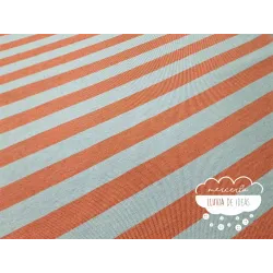 Tela de rayas bicolor naranja y menta grisáceo
