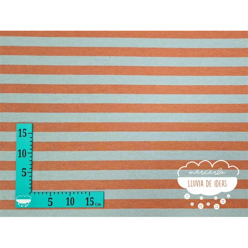 Tela de rayas bicolor naranja y menta grisáceo