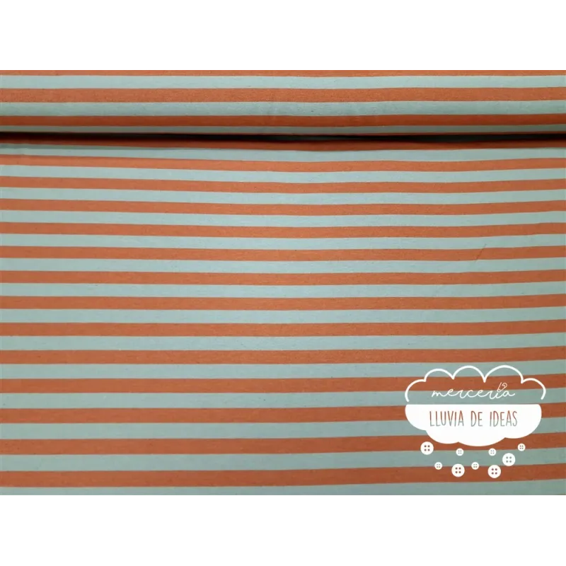 Tela de rayas bicolor naranja y menta grisáceo