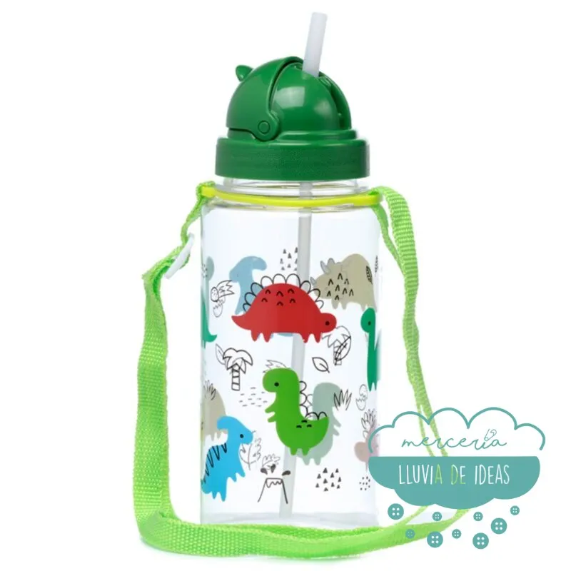 Botella infantil con correa y pajita Dinosaurios