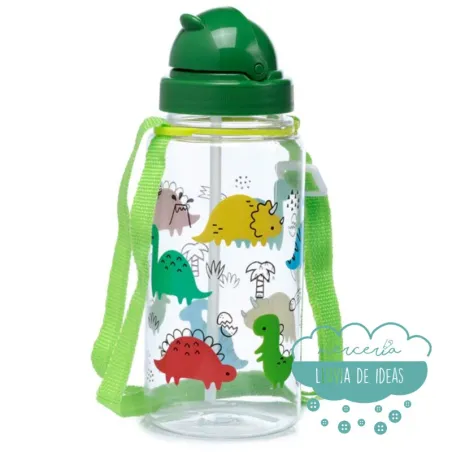 Botella infantil con correa y pajita Dinosaurios