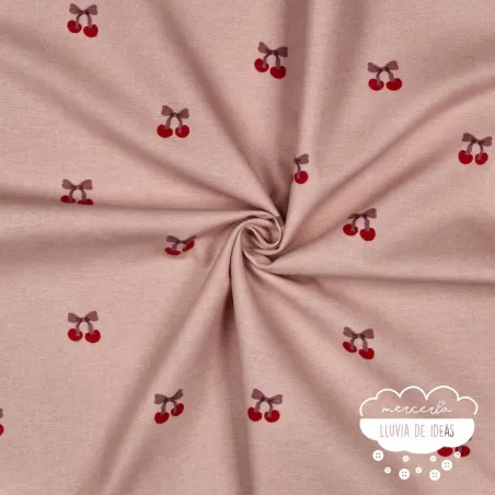 Franela estampada Cerezas fondo rosa
