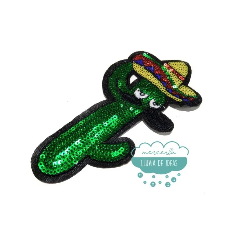 Parche bordado termoadhesivo con lentejuelas - Cactus mejicano Mercería Lluvia de Ideas