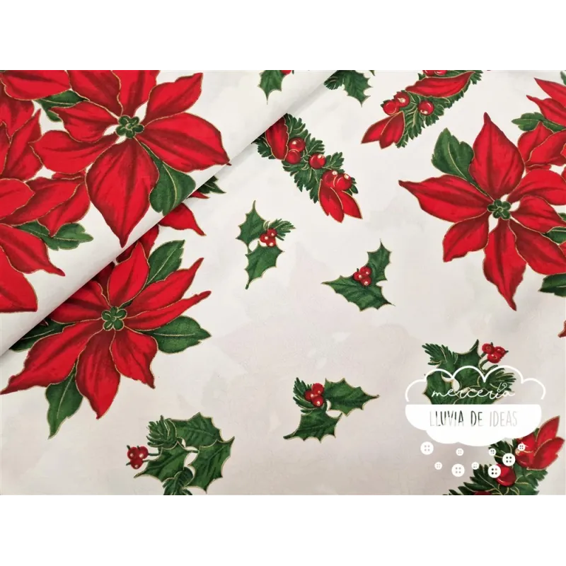 Tela mantel Navidad Flor de Pascua y acebos