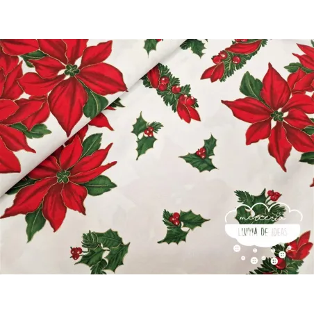 Tela mantel Navidad Flor de Pascua y acebos