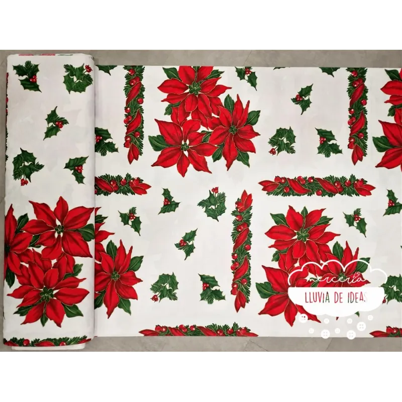Tela mantel Navidad Flor de Pascua y acebos