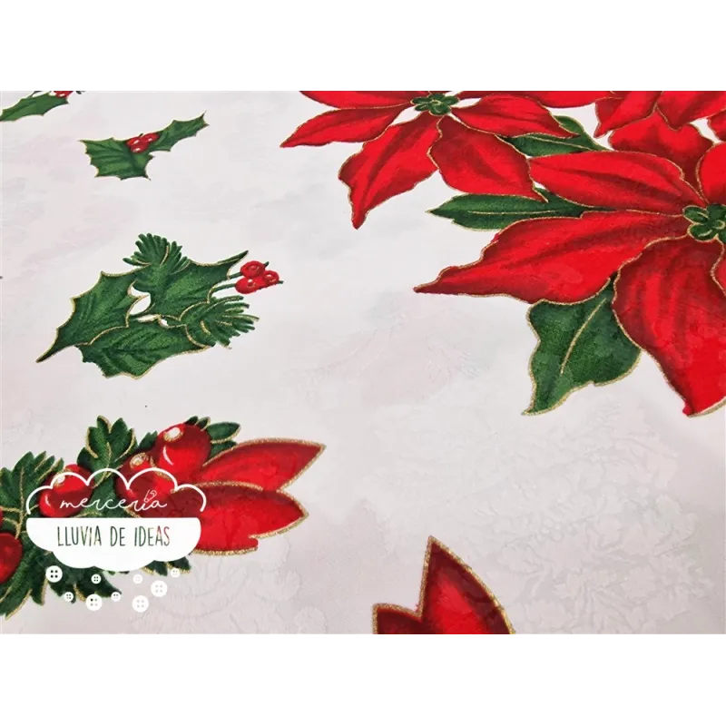 Tela mantel Navidad Flor de Pascua y acebos