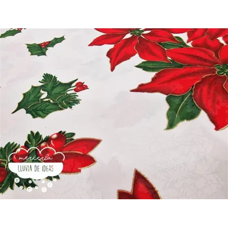 Tela mantel Navidad Flor de Pascua y acebos