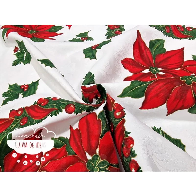 Tela mantel Navidad Flor de Pascua y acebos