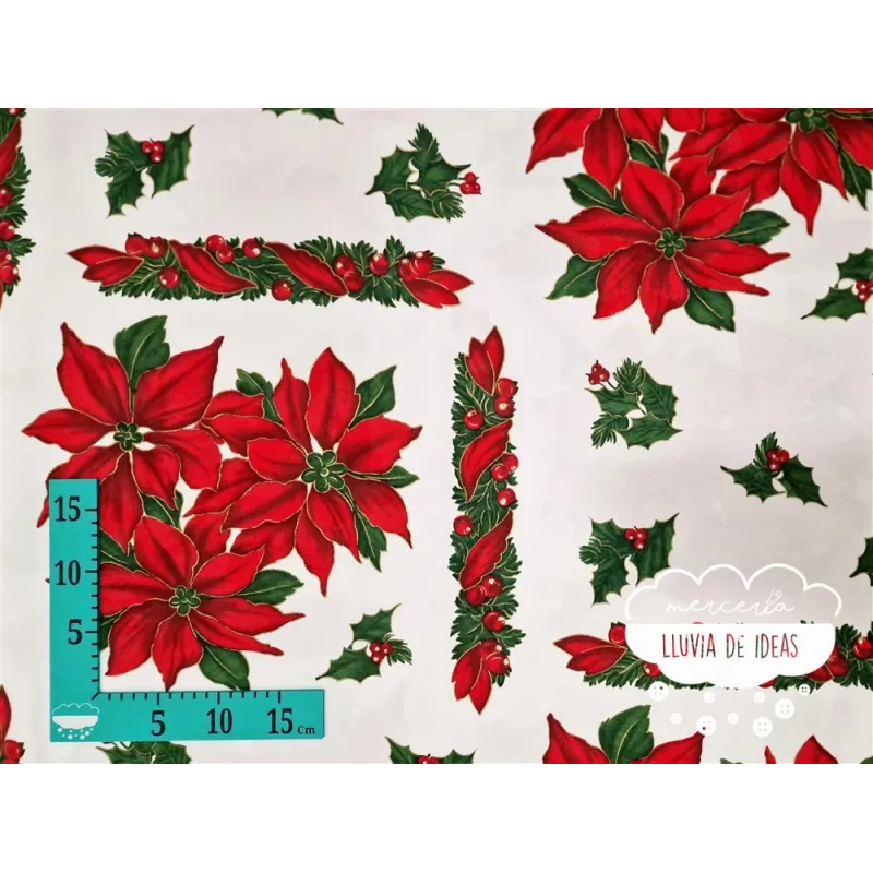 Tela mantel Navidad Flor de Pascua y acebos
