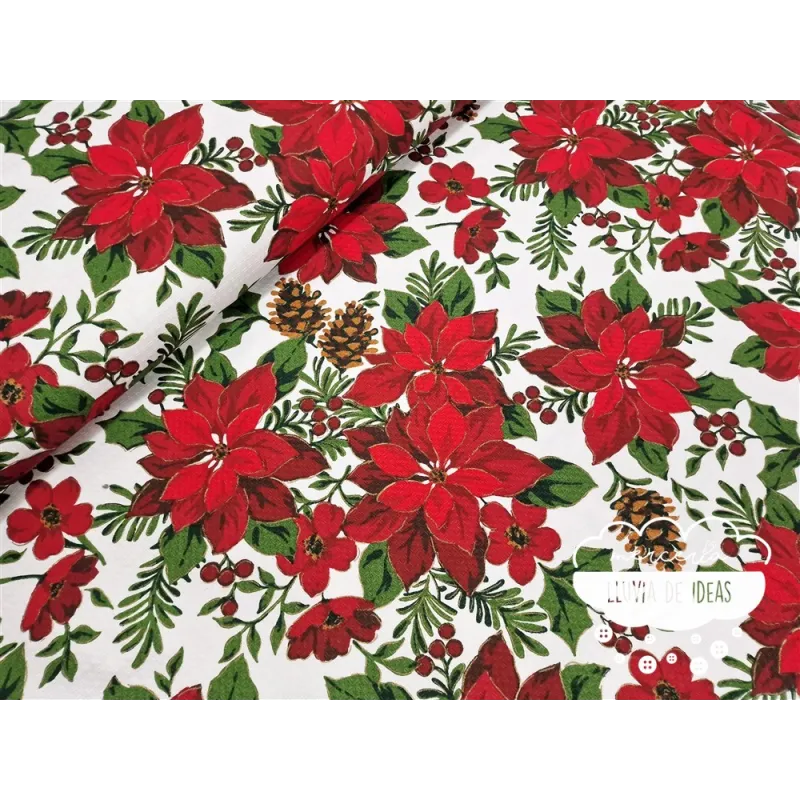 Tela mantel Navidad Flor de Pascua y piñas