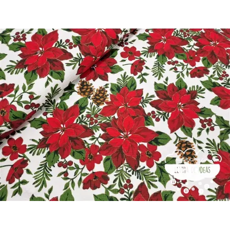 Tela mantel Navidad Flor de Pascua y piñas