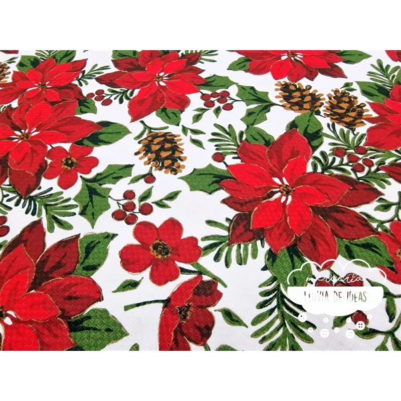 Tela mantel Navidad Flor de Pascua y piñas