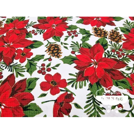 Tela mantel Navidad Flor de Pascua y piñas