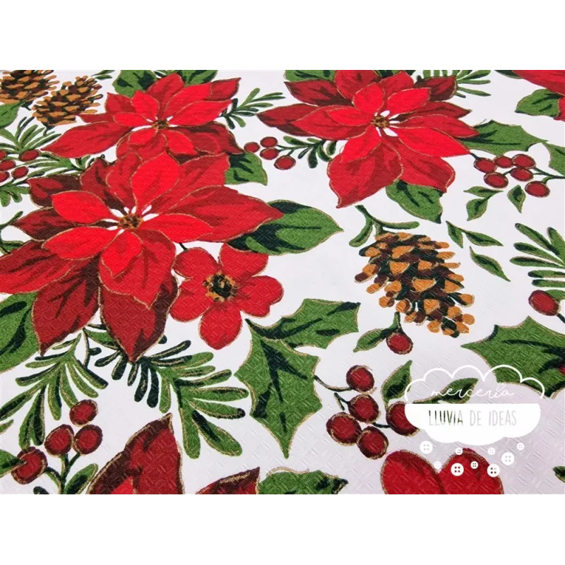 Tela mantel Navidad Flor de Pascua y piñas