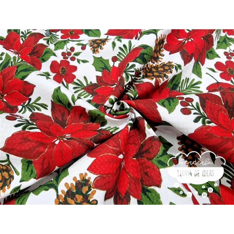 Tela mantel Navidad Flor de Pascua y piñas
