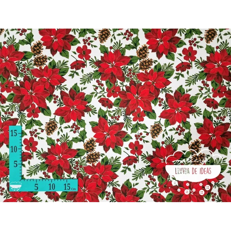 Tela mantel Navidad Flor de Pascua y piñas