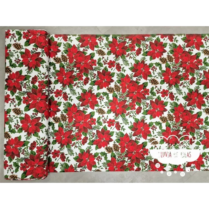 Tela mantel Navidad Flor de Pascua y piñas