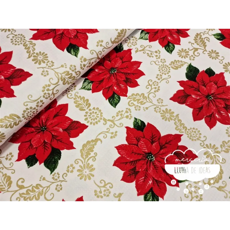 Tela mantel Navidad Flor de Pascua Golden