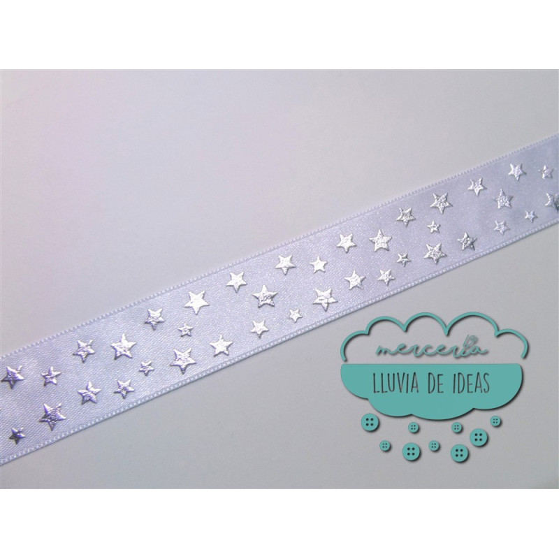 Cinta de raso o satén blanca con estrellas plata
