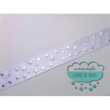 Cinta de raso o satén blanca con estrellas plata