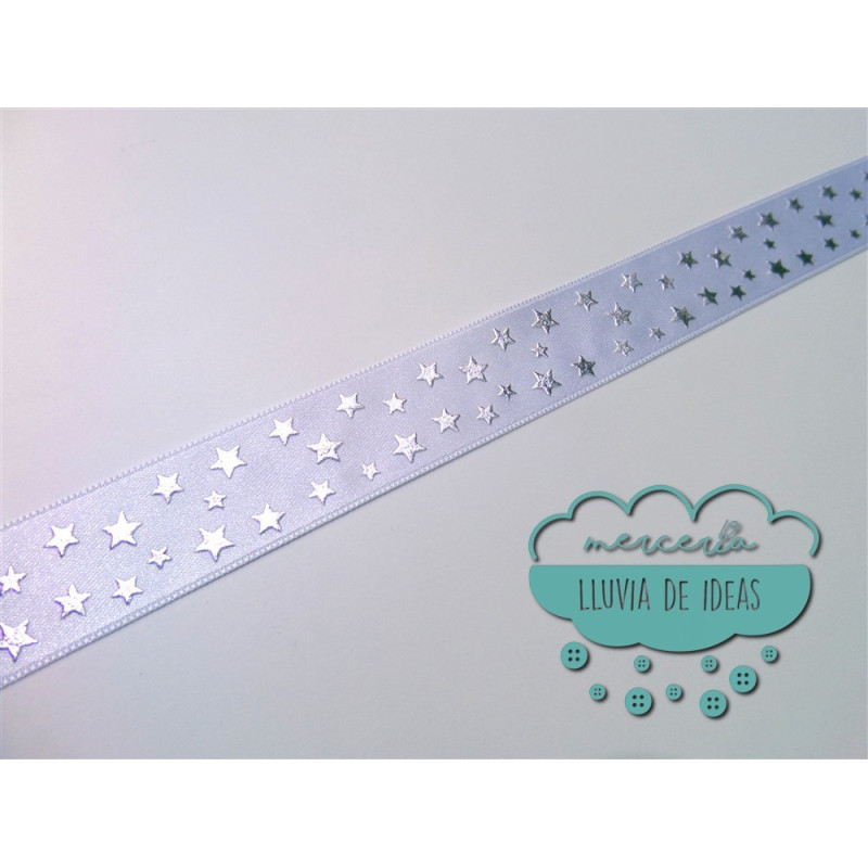 Cinta de raso o satén blanca con estrellas plata