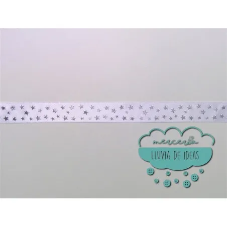 Cinta de raso o satén blanca con estrellas plata