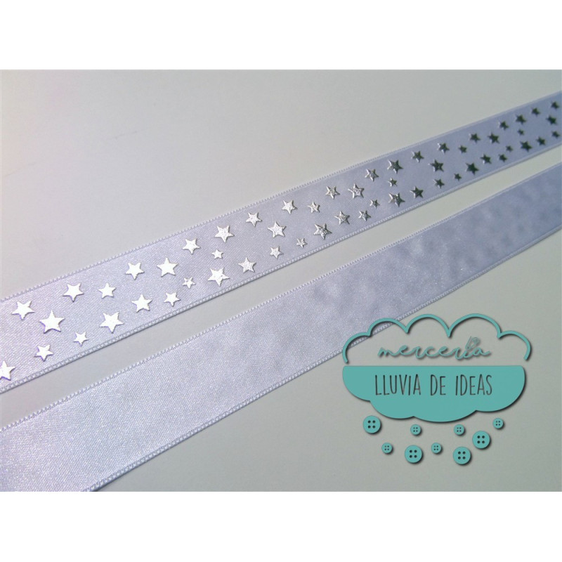 Cinta de raso o satén blanca con estrellas plata