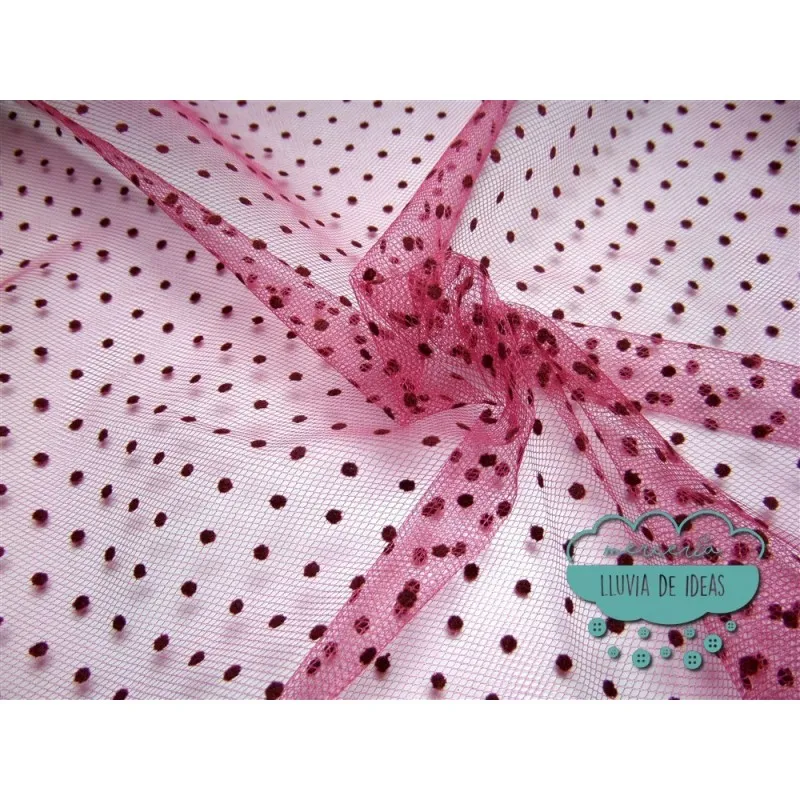 Tul flocado de topos - Color vino