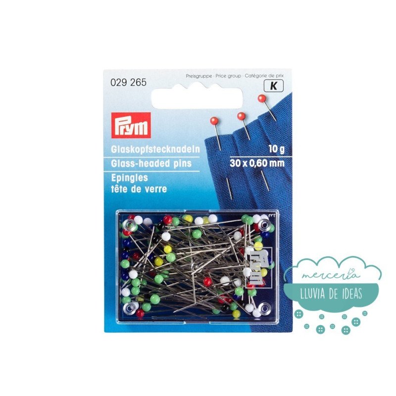 Caja de alfileres con cabeza de vidrio multicolor 30 x 0,60 mm. - Prym
