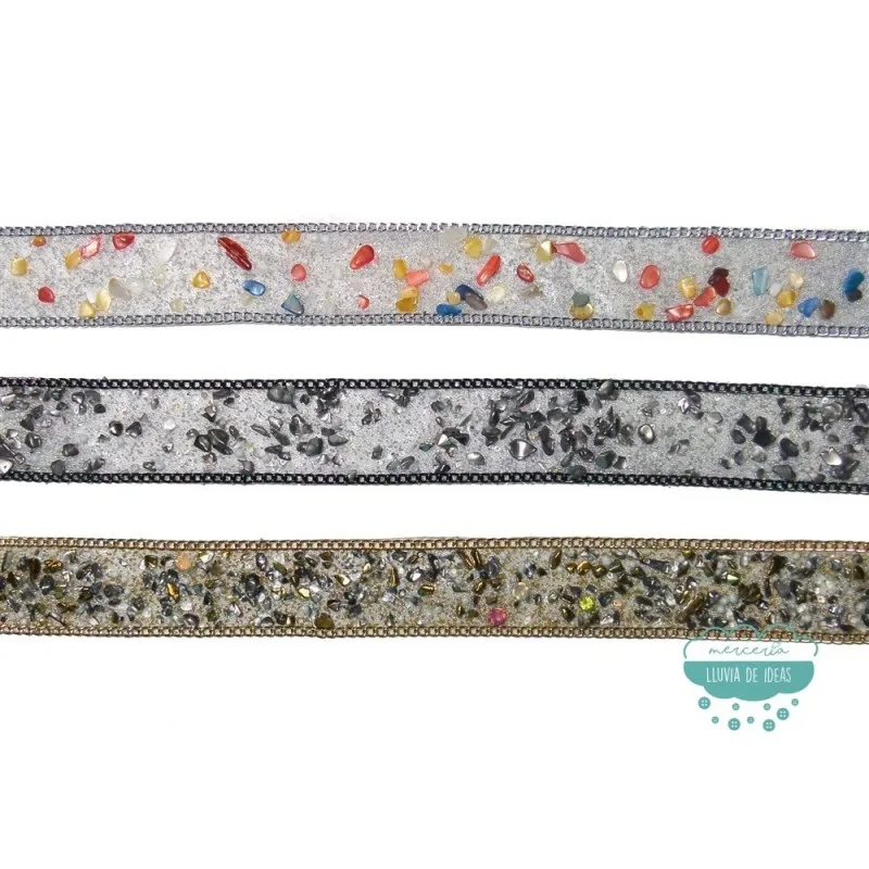 Tira termoadhesiva con cadenas y piedras 35 mm. - Serie Stone Mercería Lluvia de Ideas